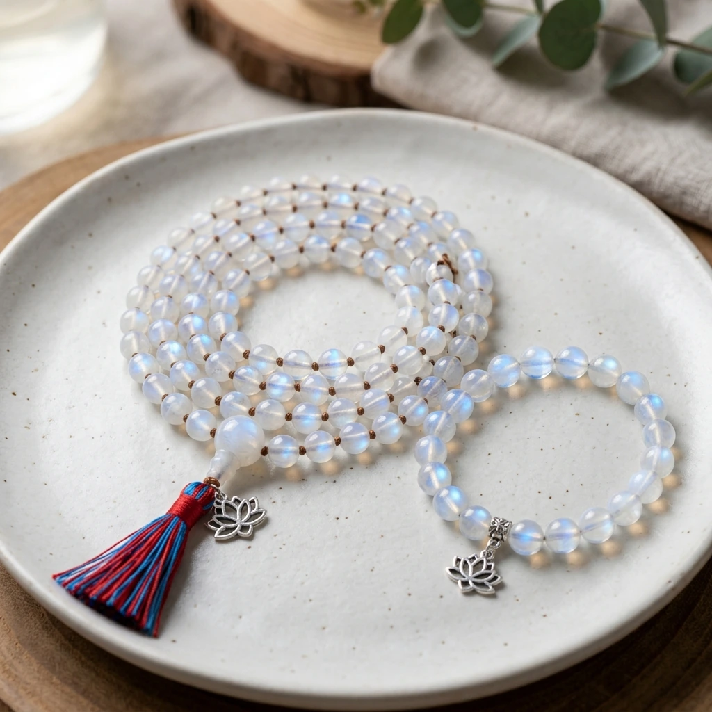 Chuỗi 108 Hạt Đá Mặt Trăng Ánh Xà Cừ Moonstone Mix Charm Sen Bạc