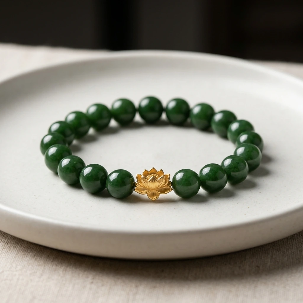 Vòng tay Ngọc Bích Hetian Hòa Điền Mix Hoa Sen Vàng 18K